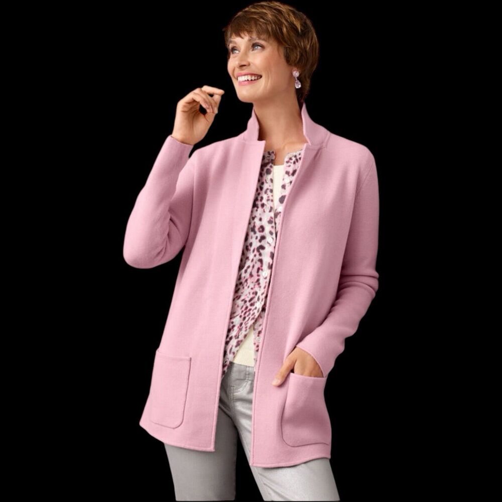 Talbots BLACK Cardigan Sweater Coat Open Patch Pockets Cotton Modal Sz XL